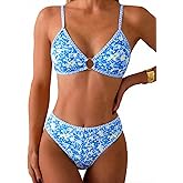 Tainehs Women's Two Piece Bikini Sets O Ring Front Top Ditsy Floral Triangle Swimsuits Cheeky Bathing Suit