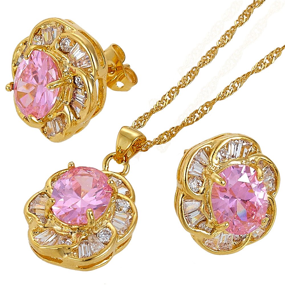 RIZILIA BLOSSOM Jewellery Set Pendant with 45cm(18") Chain & Stud Earrings Oval Cut Gemstones CZ [Pink Sapphire] in 18K Yellow Gold Plated, Simple Modern Elegance