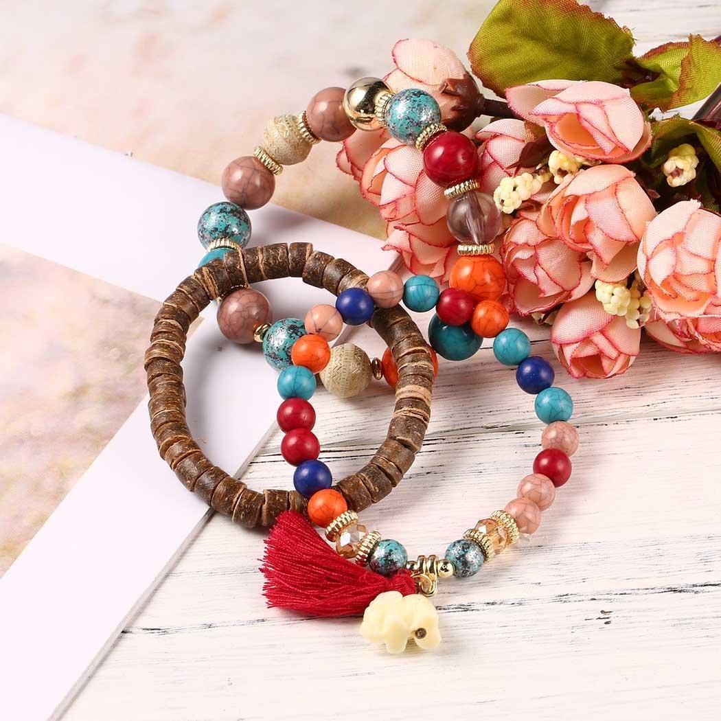 Goldenfox New Women Fashion Tassel Elephant Bangle Bracelet Beads Wristband Strand