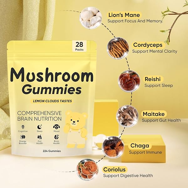 REYUQU LIONS MANE MUSHROOM GUMMIES – 10,000 MG ADAPTOGENIC MUSHROOM COMPLEX PER SERVING, VEGAN, LOW SUGAR/SUGAR-FREE, BRAIN & FOCUS SUPPORT SUPPLEMENT, 28 DAILY SACHETS