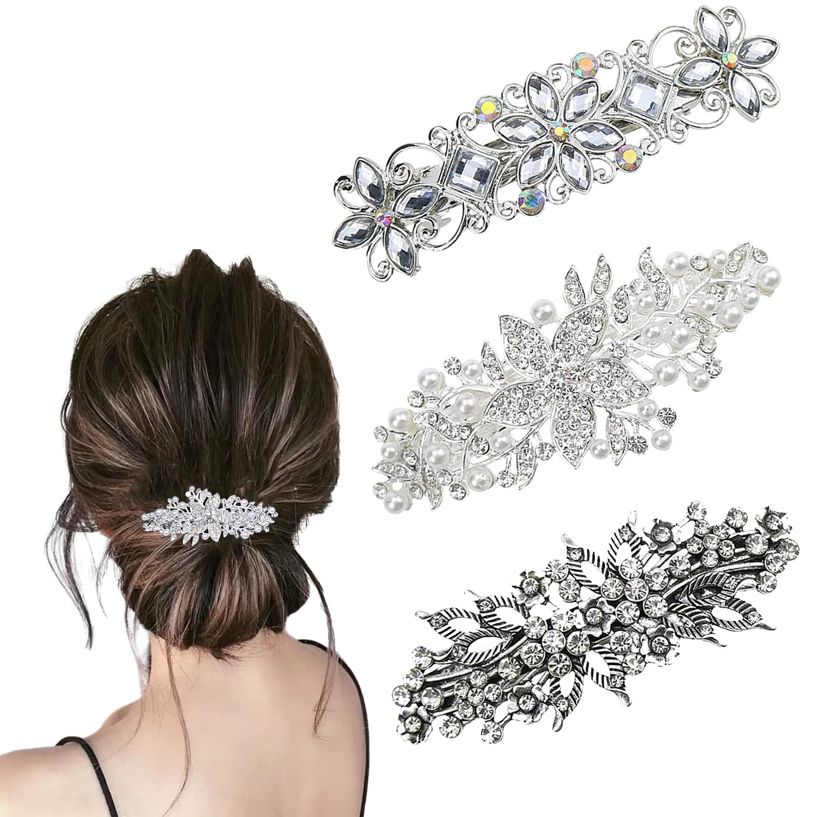 Rhinestone Pearl Hair Clips,3Pcs Antique Crystal Barrette Silver Flower Leafy Pins Elegant Jewelry Hair Decorations Accessories Head Pieces For Women Bridal Wedding Party Gift