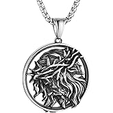HZMAN Mens Stainless Steel Crown of Thorns Head of Jesus Christ Pendant Necklace Round Medal Prayer Pendant with 24 Inch Chain