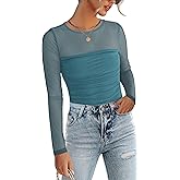 Zeagoo Long Sleeve Shirts for Women Sheer Mesh Sexy Blouses Fall Fashion Crewneck Going Out Tops