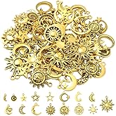 SUNNYCLUE 1 Box 64Pcs 16 Styles Celestial Metal Charms Sun Moon Star Charm Bulk Gold Alloy Vintage Assorted Planet Themed Pendants for Jewelry Making Bracelets Necklace Earring DIY Crafts Findings