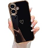 ZTOFERA Designed for iPhone 16 Plus Case 6.7 inch,Cute Plating Edge Love Hearts Pattern with Camera Lens Protection Phone Cover for Girls Women,Black