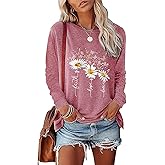 JNIFULI Womens Casual Long Sleeve Tunic Tops Funny Letter Sunflower Print Side Split Loose Fit Pullover T Shirts