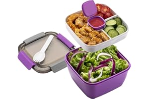 Freshmage Salad Lunch Container To Go, 52-oz Salad Bowls with 3 Compartments, Salad Dressings Container for Salad Toppings, Snacks, Men, Women (Purple)
