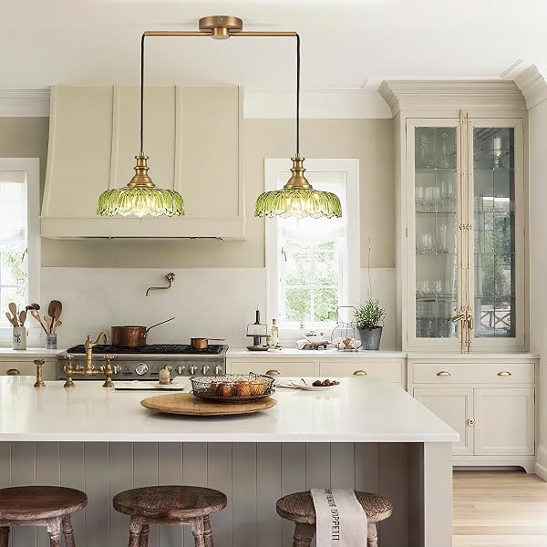 HDDFL VINTAGE PENDANT LIGHTING FIXTURES MODERN GLASS HANGING LAMP WITH ADJUSTABLE CORD FOR KITCHEN ISLAND DINING ROOM HALLWAY 2 LIGHT BRASS AND GREEN
