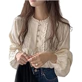 Korean Version of Women's Shirt, Women's Sweet Round Neck Pleated Small lace top, Women's Long Sleeved Shirt top