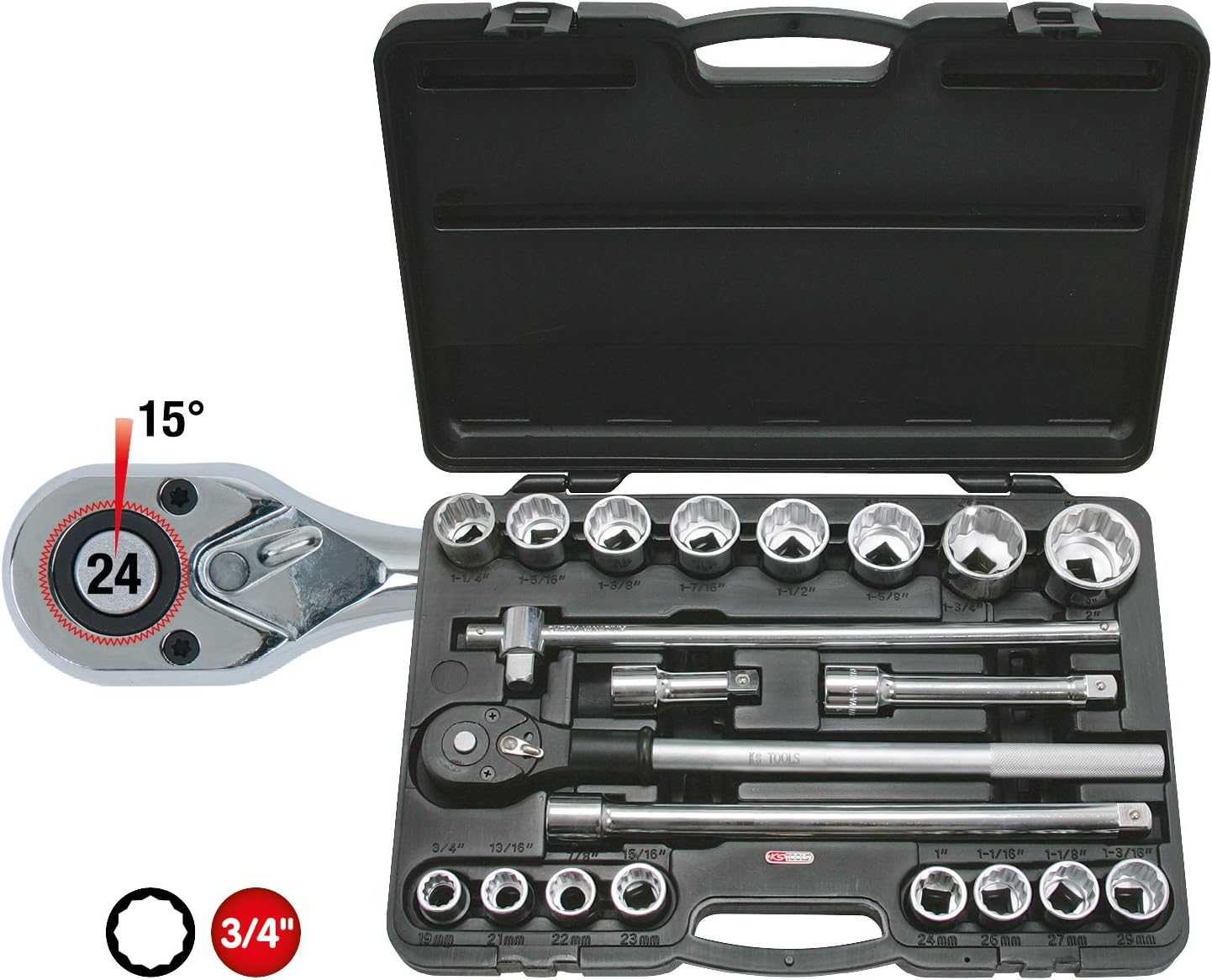 KS Tools 911.0722 3/4" Socket Set, 21pcs, Matt Satin Chrome Plated, 21-tlg - Image 3