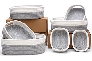 HLWDFLZ 7 Piece Cotton Rope Woven Basket Set - Small Basket for Baby Nursery, Pets, Montessori, Dog & Cat Toy Boxes, Bathroom Organization Bins (White/Gray)
