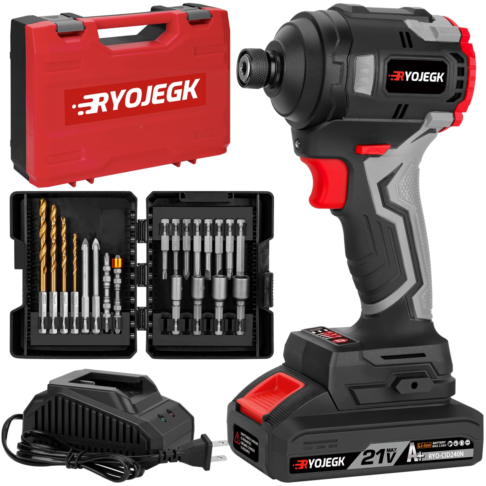Photo 1 of RYOJEGK Compact Cordless Impact Driver Set,1/4”Hex Chuck 250Nm(185 Ft-lbs) Brushless Impact Drill/Driver With 4-Speed,2.0Ah Battery,24PCS Set of Accessories, llave De Impacto Eléctrica for Home & Auto