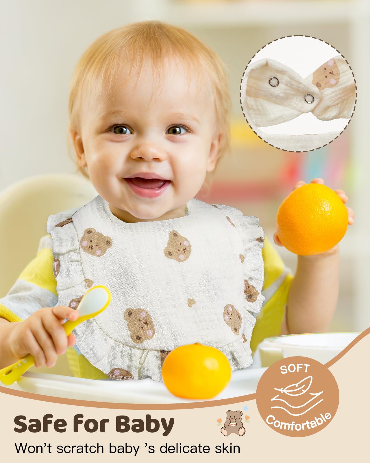 Lictin Muslin Baby Drool Bibs, 4-Pack Baby Bandana Drool Bibs Cotton Unisex, Snap Muslin Bibs for Boys Girls, Absorbent & Soft for Teething and Drooling White Pattern