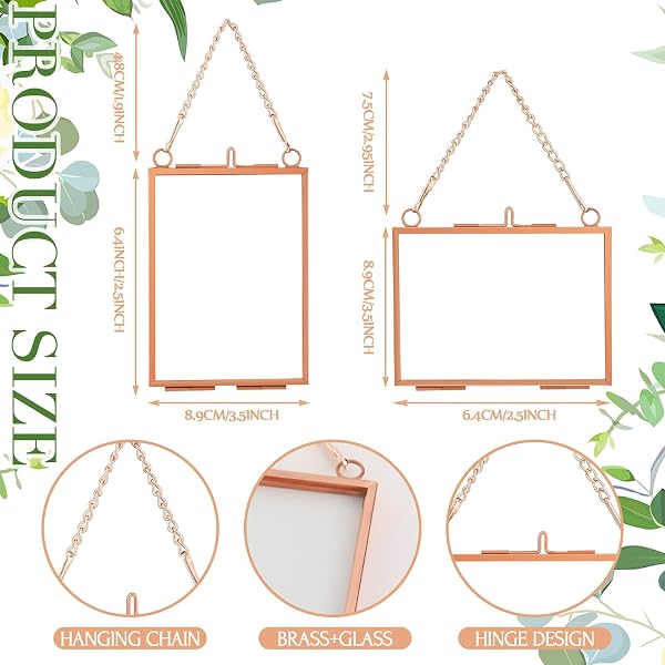 KIGLEY DOUBLE GLASS FRAME FOR PRESSED FLOWERS FLOATING HANGING PHOTO FRAME 3.5 X 2.5 IN BRASS CLEAR PRESSED FLOWER DECOR WITH CHAIN FOR DISPLAY GALLERY ARTWORK, HORIZONTAL VERTICAL (ROSE GOLD,20 PCS)
