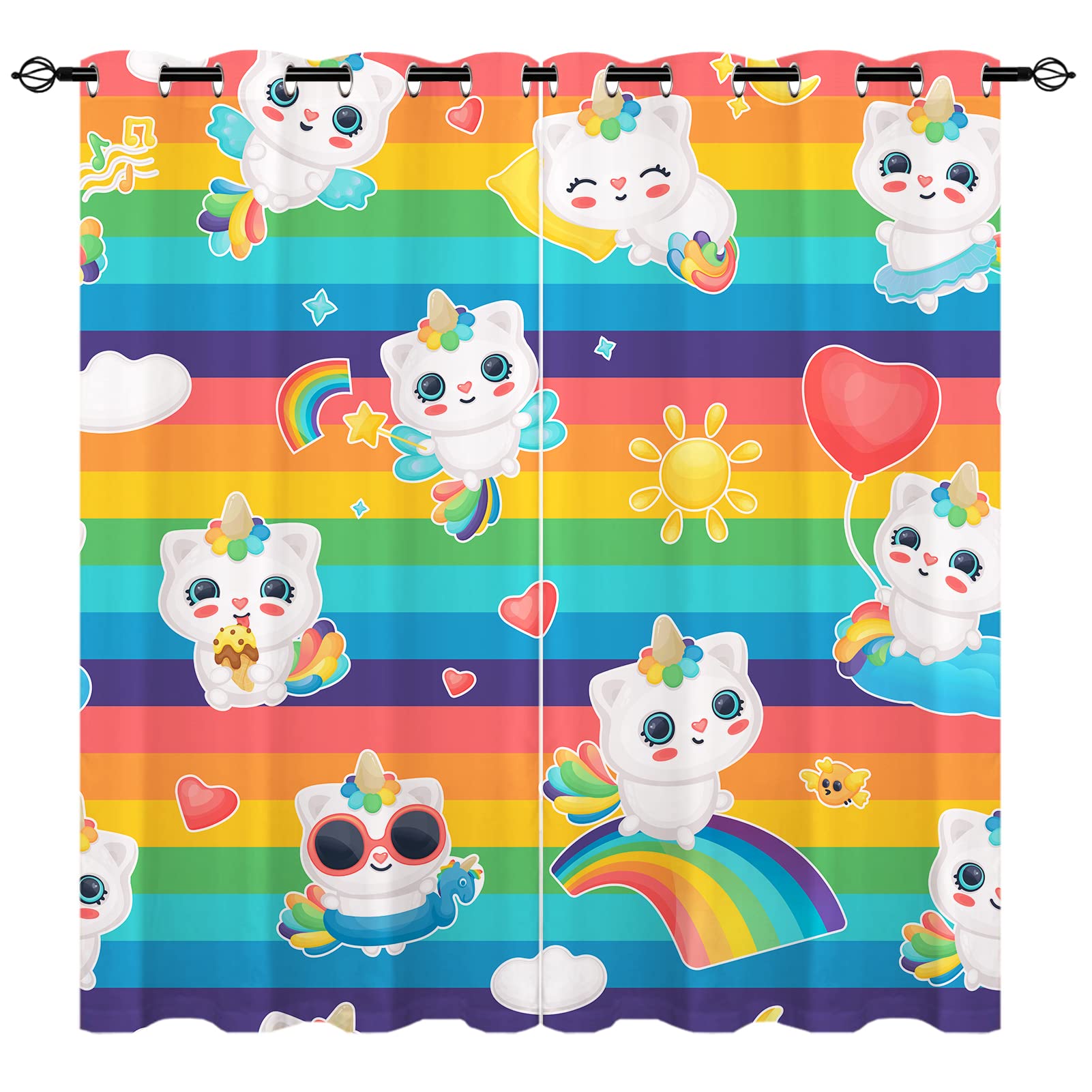 YUANZU Rainbow Cat Curtains - Kids Girls Colorful Fantasy Unicorn Horn Print Pattern Eyelet Blackout Thermal Insulated & Room Darkening Window Drapes for Bedroom Playroom 2 Panels W117cm x D137cm
