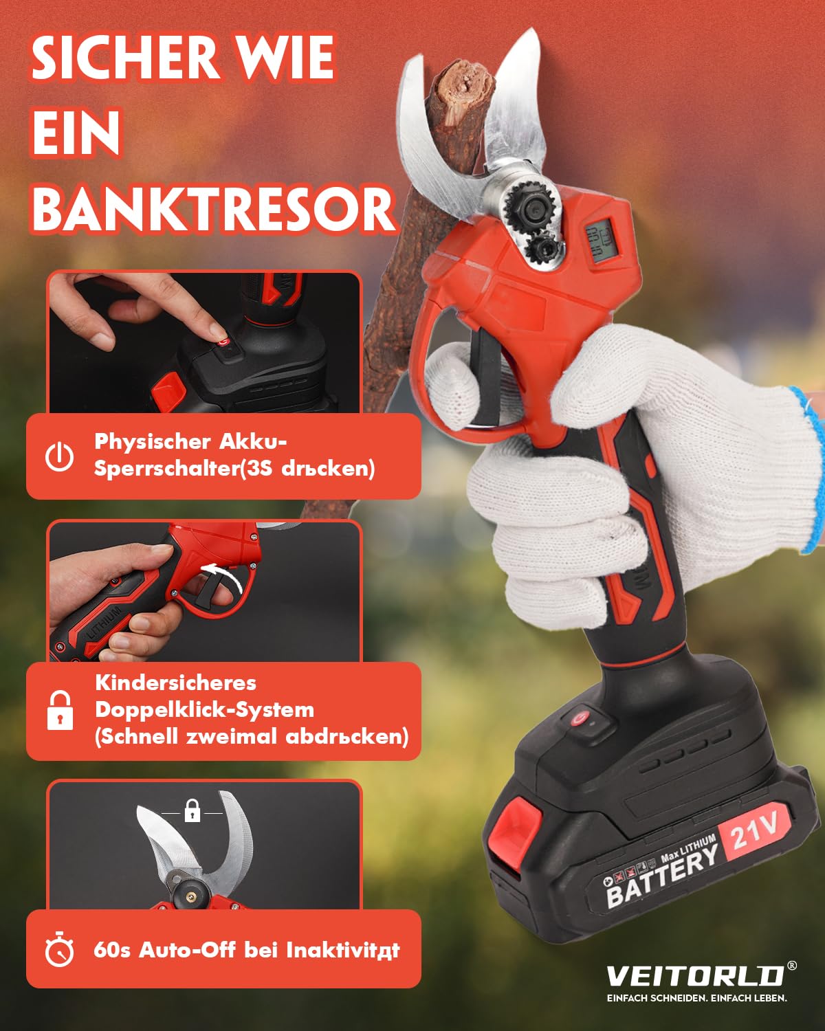 Akku Astschere, 30MM Gartenschere mit 2 Akku 2000mAh, 1000W Bürstenloser Motor Bypass Baumschere, Elektrisch Garten Schere mit LED-Schnittzählerm -Geschenke für Männer Papa Mama Frauen 5