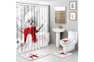 SUEMISI Christmas Shower Curtain Sets with Non-Slip Rugs and Toilet Lid Cover,Xmas Winter Snowman Bath for Bathroom 4 Piece Set with 12 Hooks, Waterproof Bathroom Fabric,72x72 inch (White Snowman)