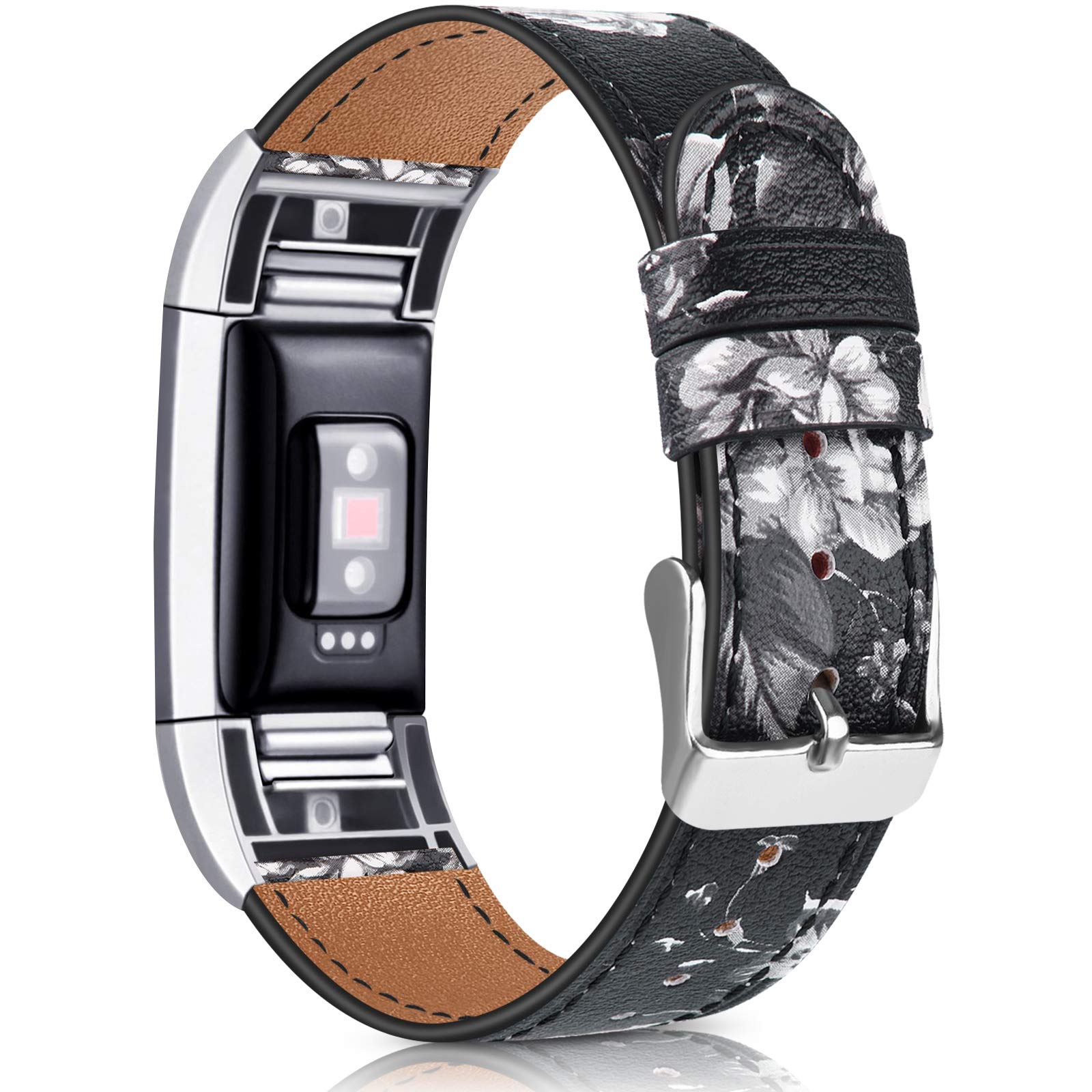 Wanme For Fitbit Charge 2 Strap Leather Straps, Classic Adjustable Replacement Straps with Metal Connectors for Fitbit Charge 2 (03 Grey Flower, 5.5" - 8.1")