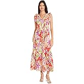 Maggy London Cocktail V-Neck, Ruffle, Pockets Maxi | Summer Dresses for Women, Soft White/Coral