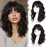 RUNM Short Bob Wavy Wigs for Women 18Inch Wig with Bangs for Black Women Shoulder Length Bob Hair Style for Halloween& Cosplay and Daily(Chocolate Brown)