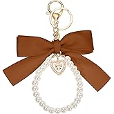 uxcell Ribbon Bow Keychain, Cute Pearl Wristlet Keychain Bag Accessories Bow Charm Pendant for Purse Handbag Tote