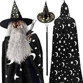 Hicarer 4 Pcs Halloween Wizard Costume Set for Adult | Wizard Hat, Velvet Wizard Cape Cloak, Grey Wig Beard, Claw Wand, for Halloween Cosplay Stage Party Fantasy Dress up Accessory