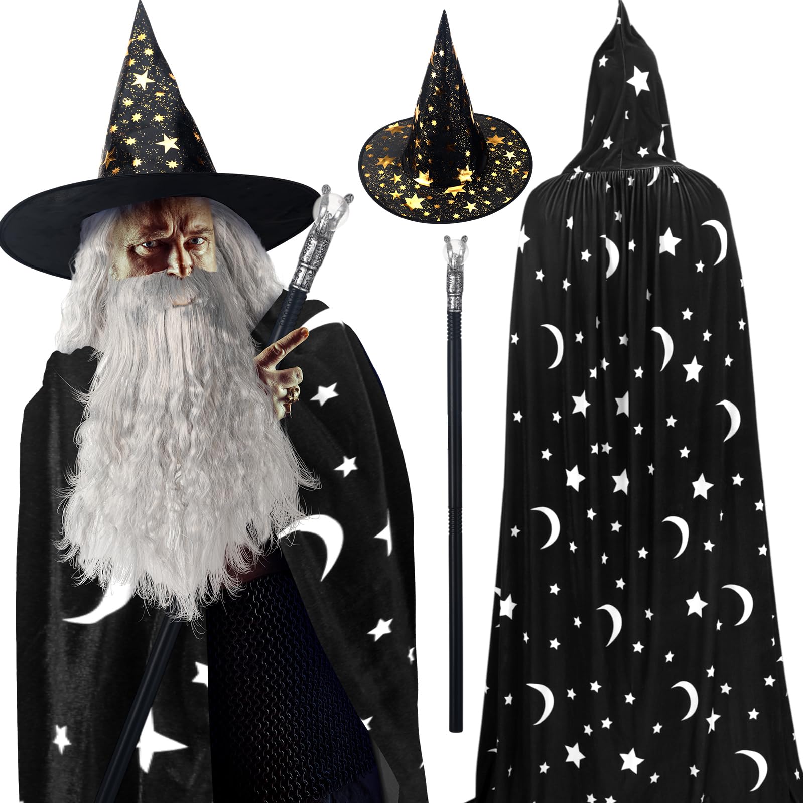 Photo 1 of MISSING WIG AND BEARD**** Hicarer 4 Pcs Halloween Wizard Costume Set Include Wizard Hat Cloak Wig Beard Wand Costume Accessories for Adults (Black,Stars and Moon)