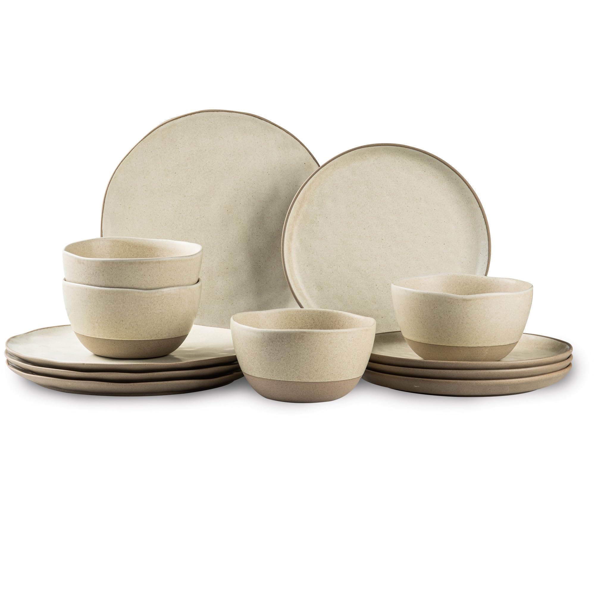 Photo 1 of Dafuceramic 12 Pieces Dinnerware Sets,Plates and Bowls Sets, Handmade Reactive Glaze Dishes Set for 4 with at Least 10% Recycled Ceramic (Beige)