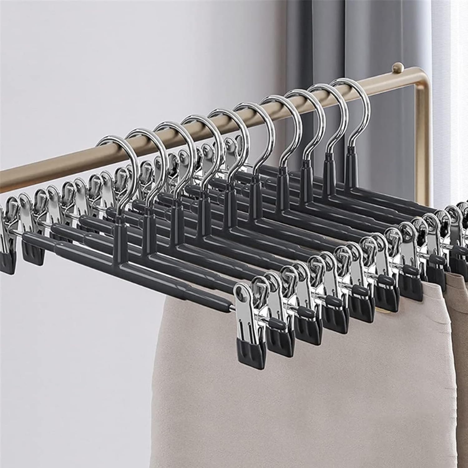 Supmaker 10 Pack Chrome Trouser Hanger,Heavy Duty Metal Pants Hangers, Skirt Hangers with Non-Slip Adjustable Clips,Space Saving Clothes Jeans Organizer