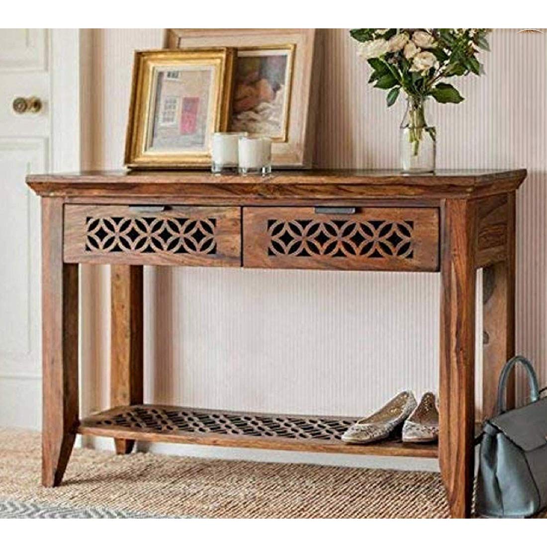 AD Solid Wood Console Table for Living Room Corner Side Entrance Table with 2 Drawers