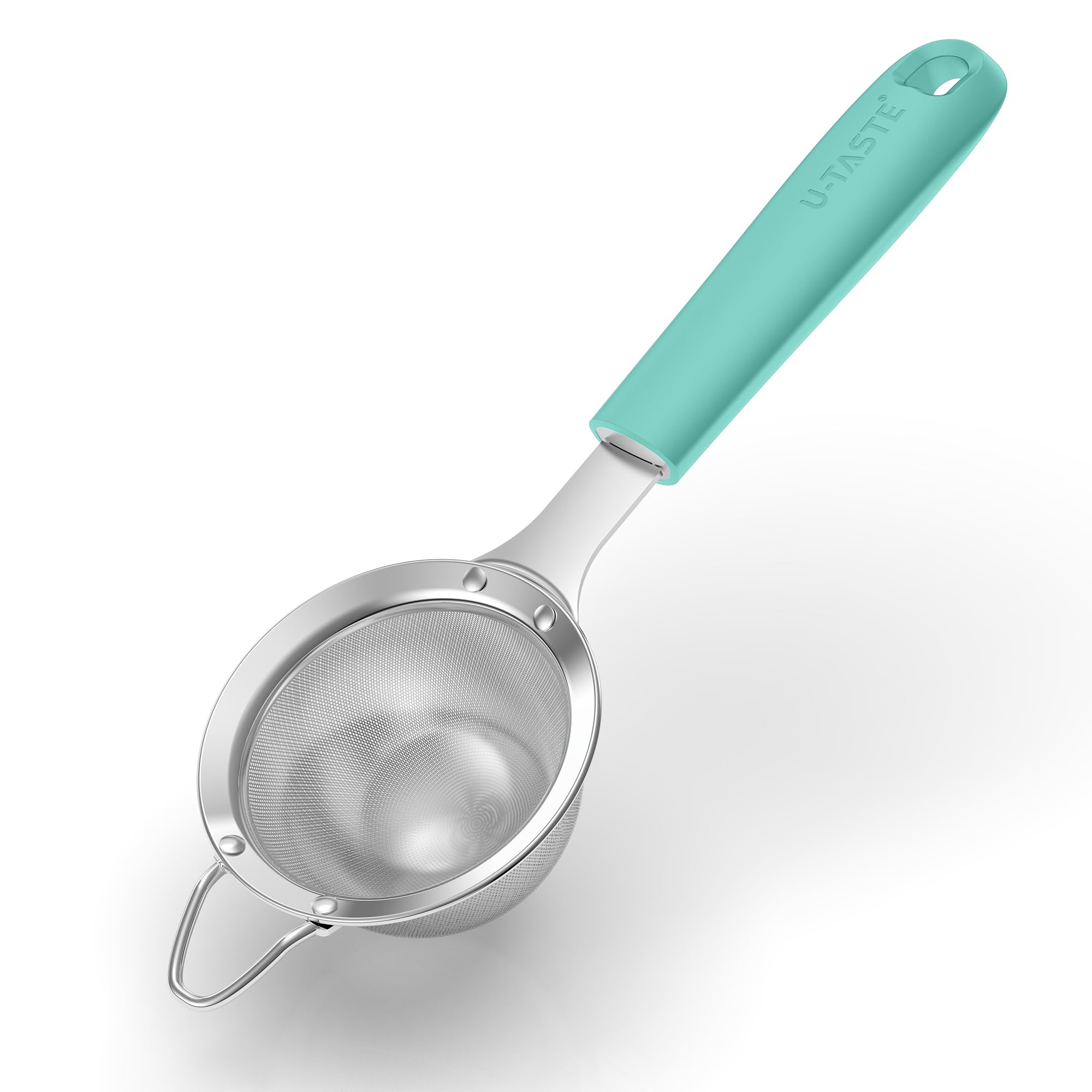U-Taste Small Fine Mesh Sieve: 18/8 Stainless Steel 8.5cm Kitchen Sieve and Strainer with Riveted Sturdy Silicone Handle, Great for Sifting Flour, Straining Tea, Rice, Quinoa (Aqua Sky)