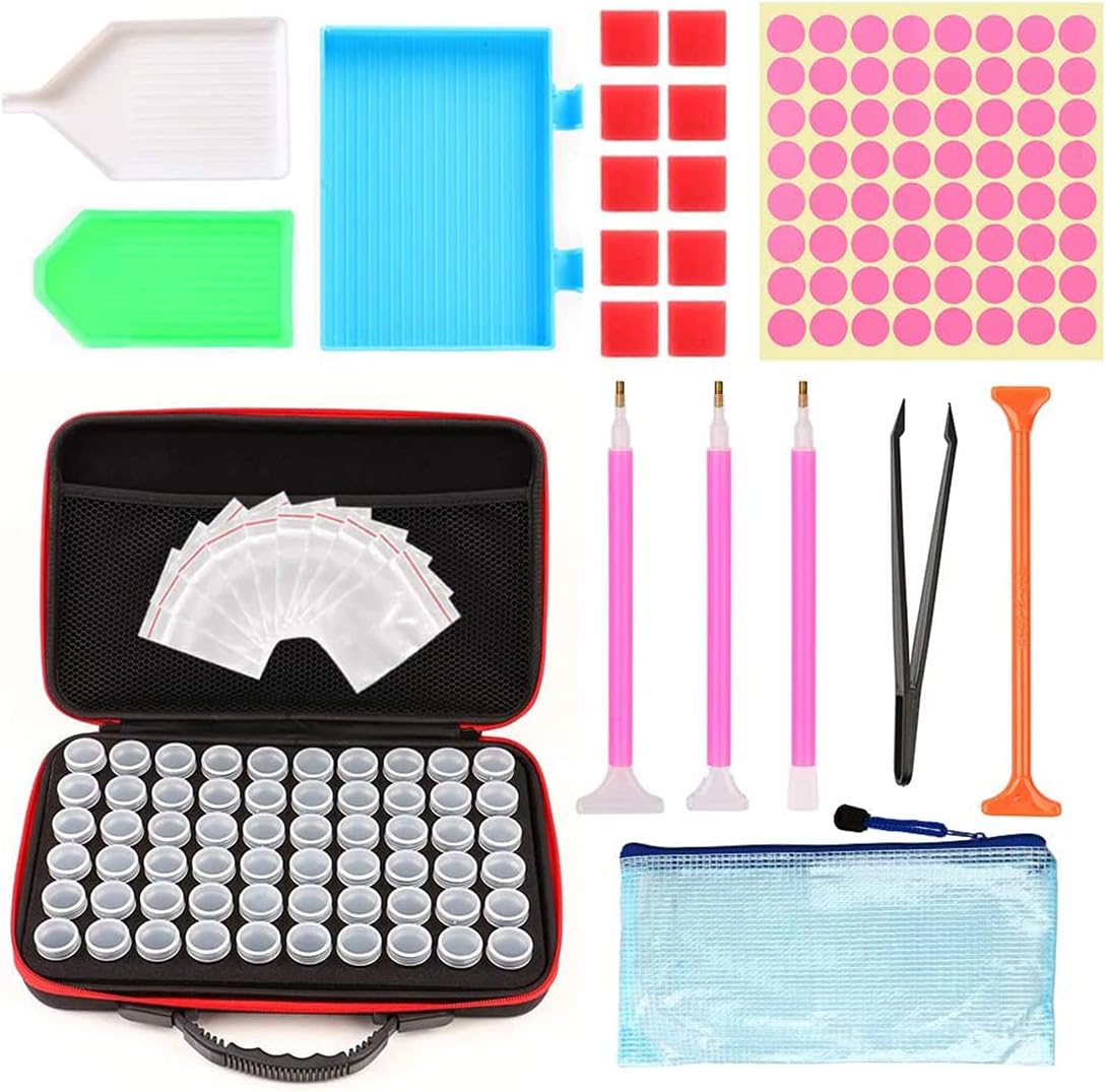 DELFINO Diamond Painting Case Tools Set 60 Slot DIY Painting Accessories with Bags Labels Ziplock Bags Diamond Stitch Pen Adjusting Pen Tweezers Plastic Tray Diamond Embroidery Box