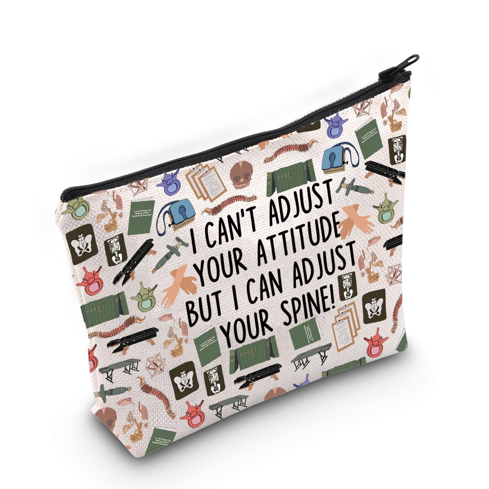 LEVLO Chiropractor Cosmetic Bag Massage Therapist Gift I Can't Adjust Your Attitude But I Can Adjust Your Spine Zipper Pouch Bag Chiropractor Graduation Gift Can't Adjust F Bag