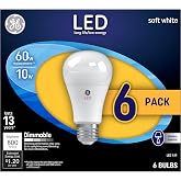 GE LED Light Bulbs, 60 Watt, Soft White, A19 (6 Pack) | Energy-saving 60W equivalent, 800 lumens, long-lasting LED, bedroom living room use, bulk 6-pack value