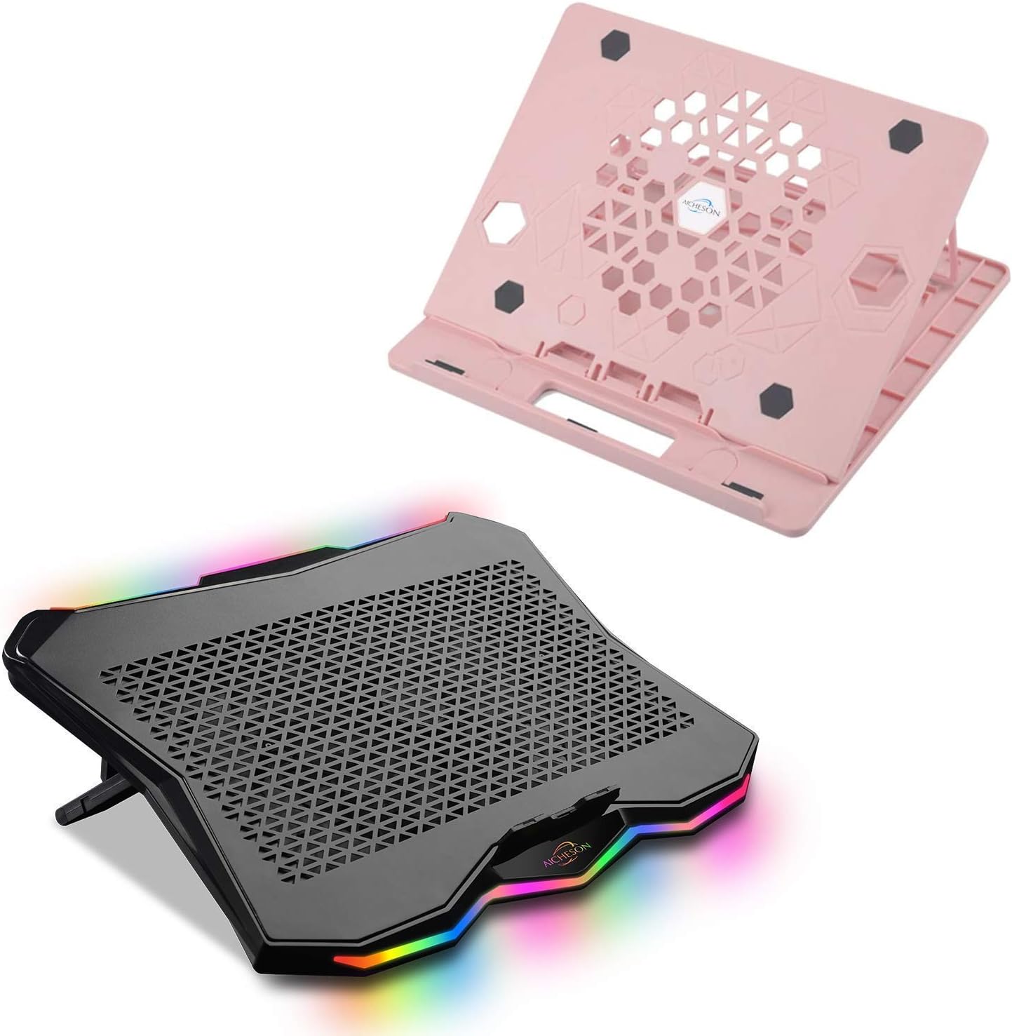 AICHESON X5 Pink Laptop Stand and 1 Big Fan Rainbow Lights Laptop Cooling Pad Combination Set, Ergonomically Multiple Heights
