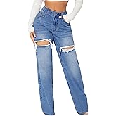 KKSONG Womens Distressed Straight Leg Jeans High Waisted Wide Leg Baggy Jeans Boyfriend Casual Denim Pants.