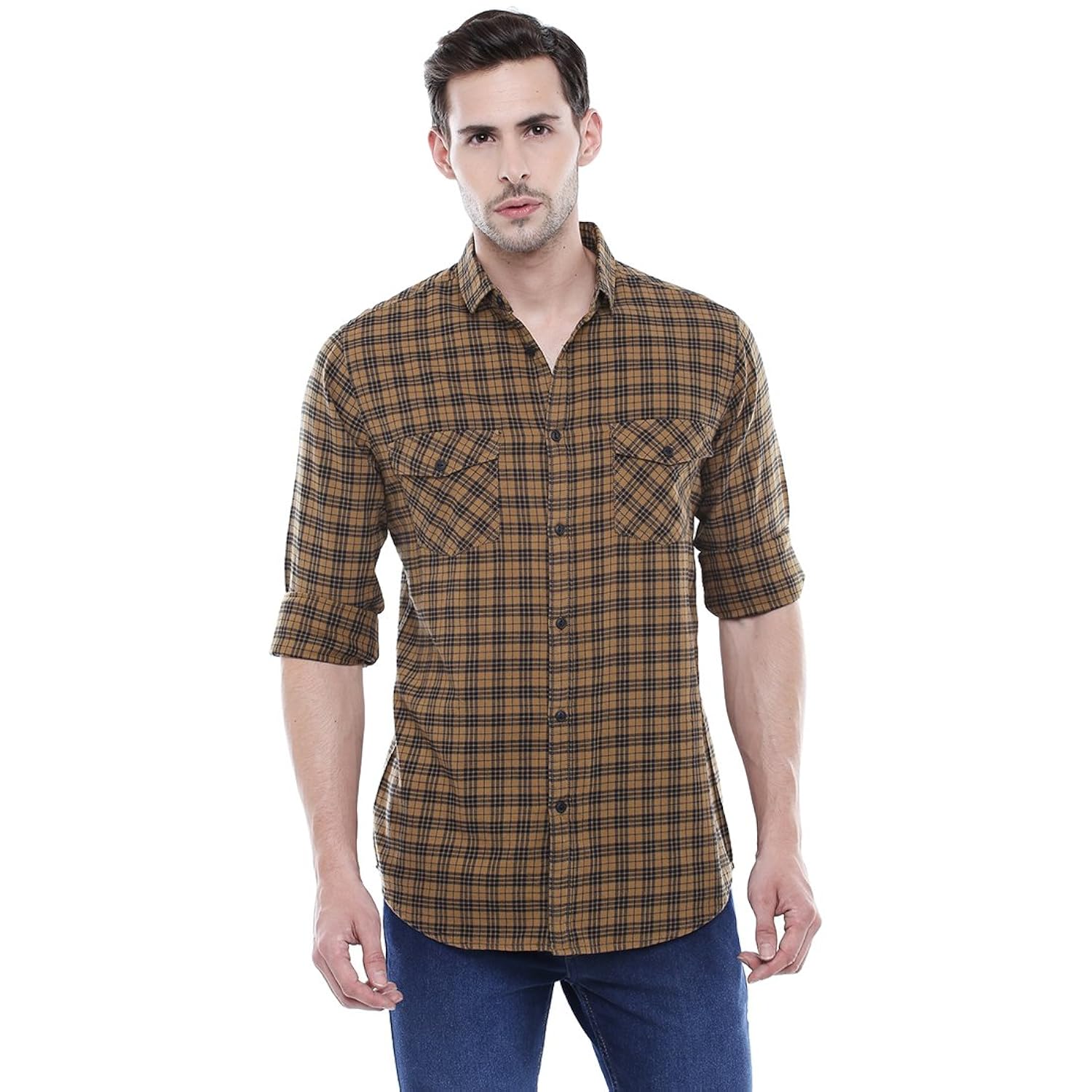 dennis lingo men's checkered mustard slim fit casual shirt