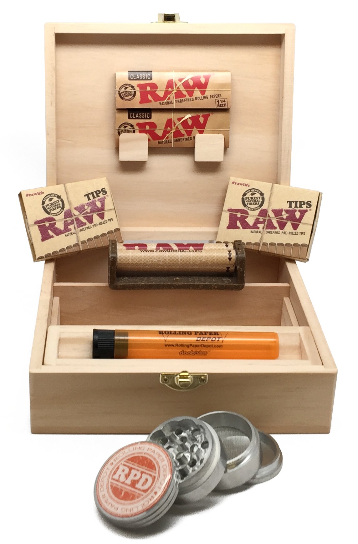 Bundle - 8 Items - Rolling Supreme Rolling Box, RAW Natural 1 1/4 Rolling Papers, RAW Prerolled Tips, RAW 79mm Roller, Rolling Paper Depot 42mm Grinder and Kewltube