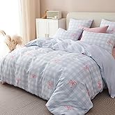 Bildenly Blue Plaid Comforter Set Full Size - Pink Bow Quilt Bedding Set 3 Pieces, Gingham Comforter Set Full, Soft & Lightweight Comforter(79‘’ x 90‘’) for Girl All Season & 2 Pillowcases(30‘’x20‘’)