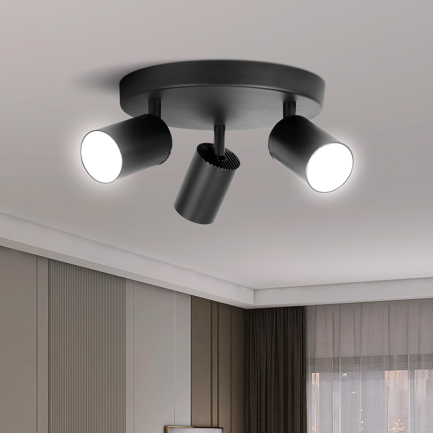 CHENBEN Ceiling Light with 3 Rotatable GU10 Spots, Black Indoor LED Ceiling Spotlights, Round Base, Swivel, LED Ceiling Light for Corridors/Dining Rooms, Without Bulb, Max 25W