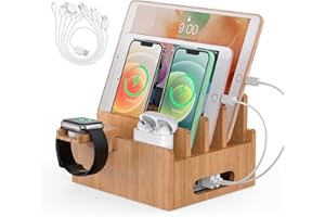 Pezin & Hulin Bamboo Charging Station for Multiple Devices, Desk Docking Station Organizer for Phone, Tablet, Watch, Earbud (
