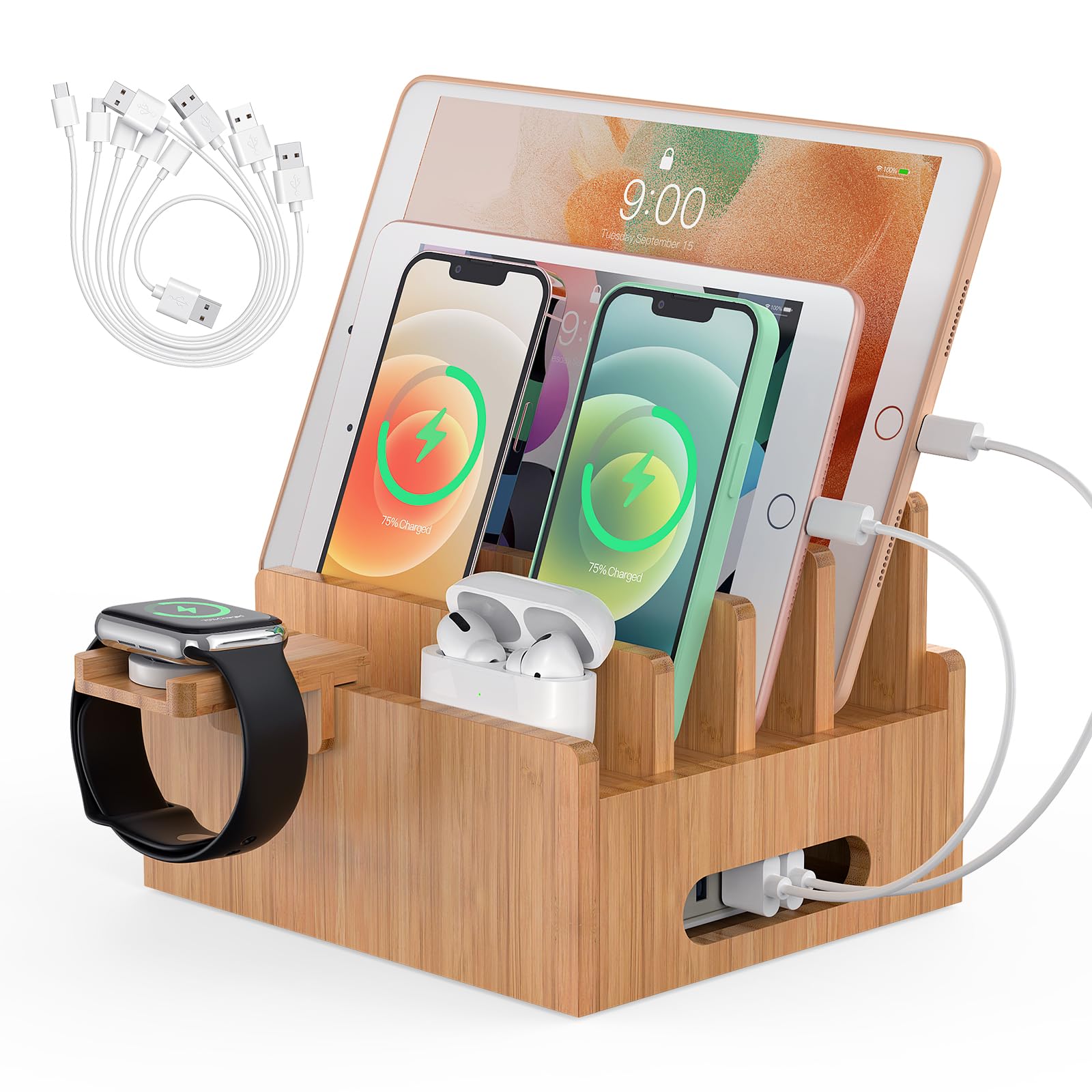 Photo 1 of **MISSING COUPLE WIRES**Pezin & Hulin Cell Phone Charging Stations, Bamboo Dock Organizer for Multi Devices, Tablets, Smart Watch, with Pack 5 Cables, No Power Charger Supply