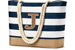 Becokan Initial Beach Bags for Women Waterproof Beach Tote Bag Zipper Travel Essentials Personalized Birthday Gifts for Her