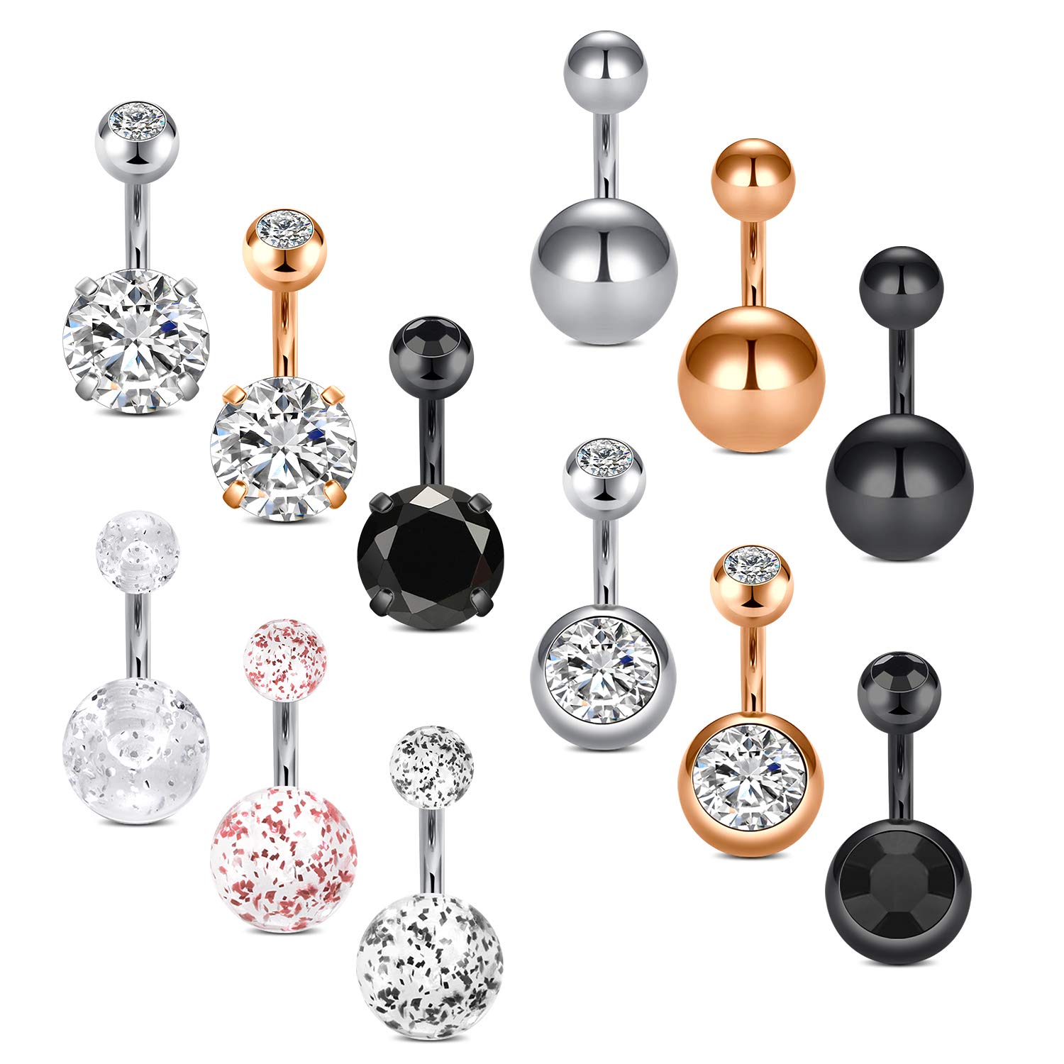 AceFun Belly Bar Short Surgical Steel Belly Bars Clear Diamond CZ Navel Ring Body Piercing Jewelry for Women Men 12 Pieces 14G 6MM