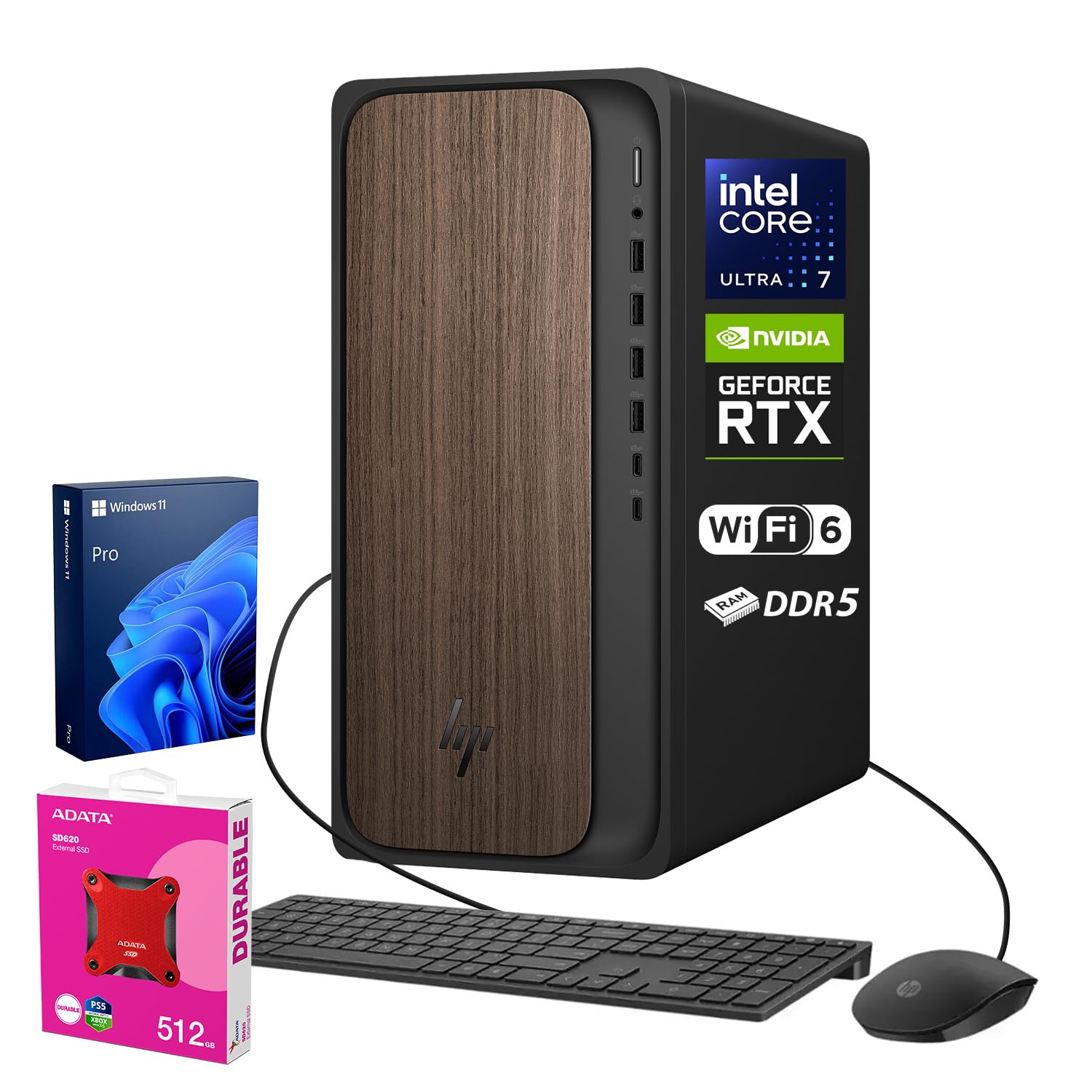 HP 2025 OmniDesk Business Next Gen AI Desktop PC, Intel Core Ultra 7 265, NVIDIA GeForce RTX 5060, 64GB DDR5 RAM, 8TB SSD, HDMI, DP, KB & Mouse, Win 11 Pro, Bundle with Adata 512GB External SSD