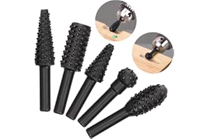 OIIKI 5 PCS Woodworking Twist Drill Bits, Wood Carving File Rasp Drill Bit, with 1/4" Shank Tool Rasp Chisel Shaped Rotating Embossed Grinding Head