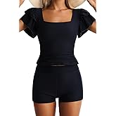 EVOCRCO Tankini Swimsuits for Women Tummy Control Two Piece Bathing Suit Full Coverage Ruffle Top with Shorts