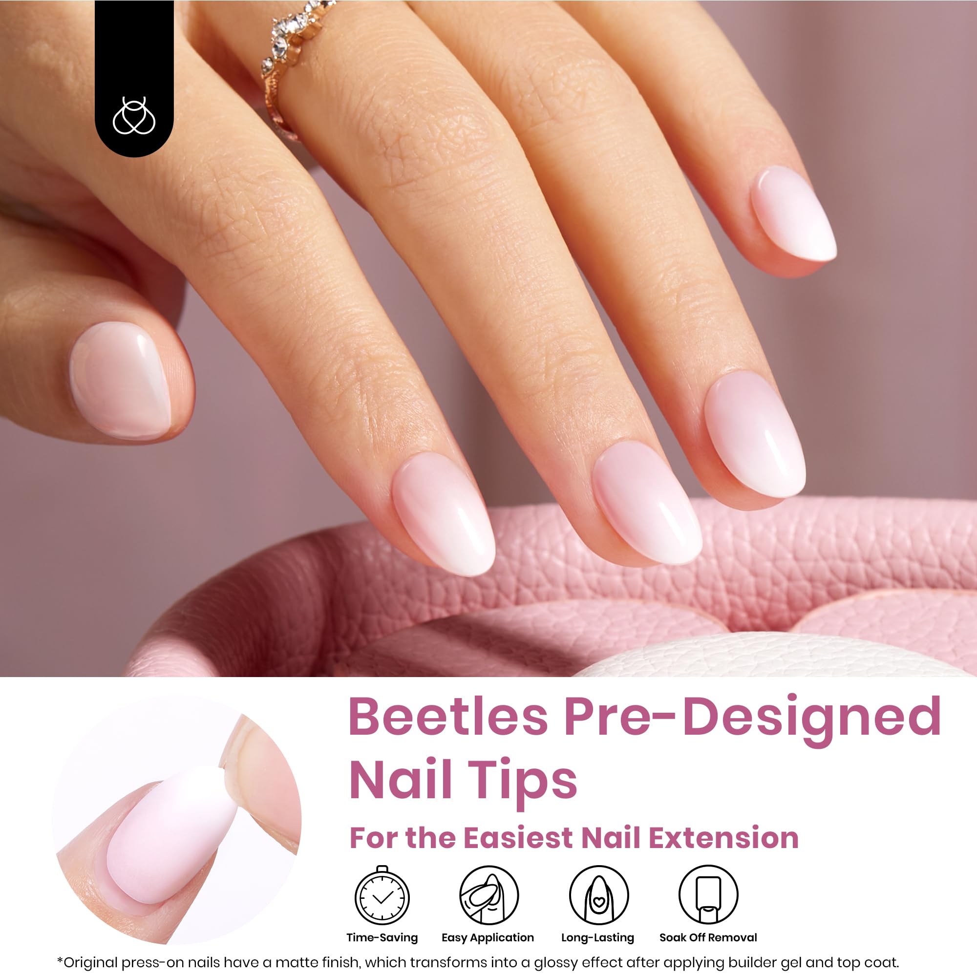 Beetles French Tip Press On Nails, 16 Sizes 224 Pcs Ombre Pink Extra Short Almond Press On Nails 4 In 1 Gel Nail Tips Pre-Applied Primer Base Soak Off Uv Nail Extension Valentines Gift for Women - Image 2