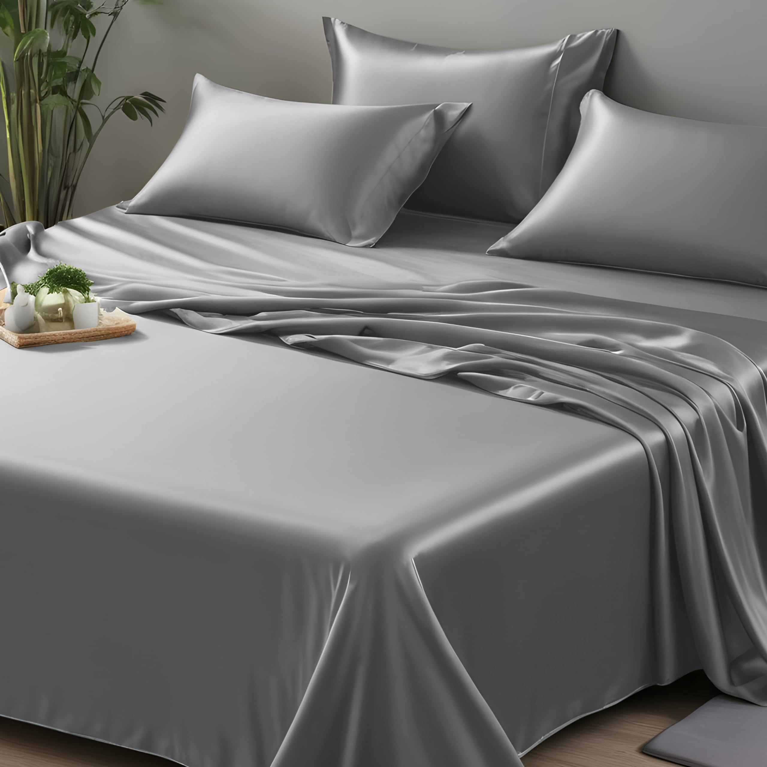 LINENWALAS Organic Vegan Bamboo Flat Sheet Only, Softest, Silky Cool Bamboo Bedding Only Flat Bed Sheet King Size Luxury Flat Sheet Perfect for Skin (108x108 Inches, Light Grey)