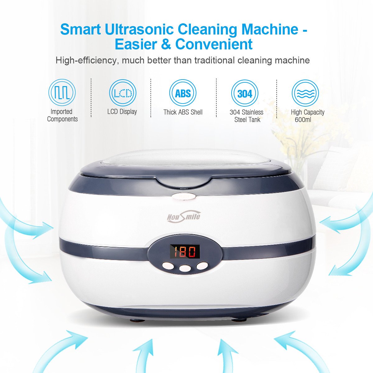 Housmile Ultrasonic Jewelry Cleaner, Glasses Cleaner, Denture Cleaner with Digital Timer and Degas Anti-Oxidation Function for Watch, Glasses, Jewelry